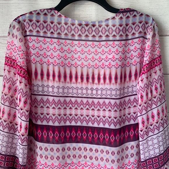 Decree Pink Sheer Geometric Pattern Blouse Swim Cover Up Tie Neck Size M - Picture 8 of 16